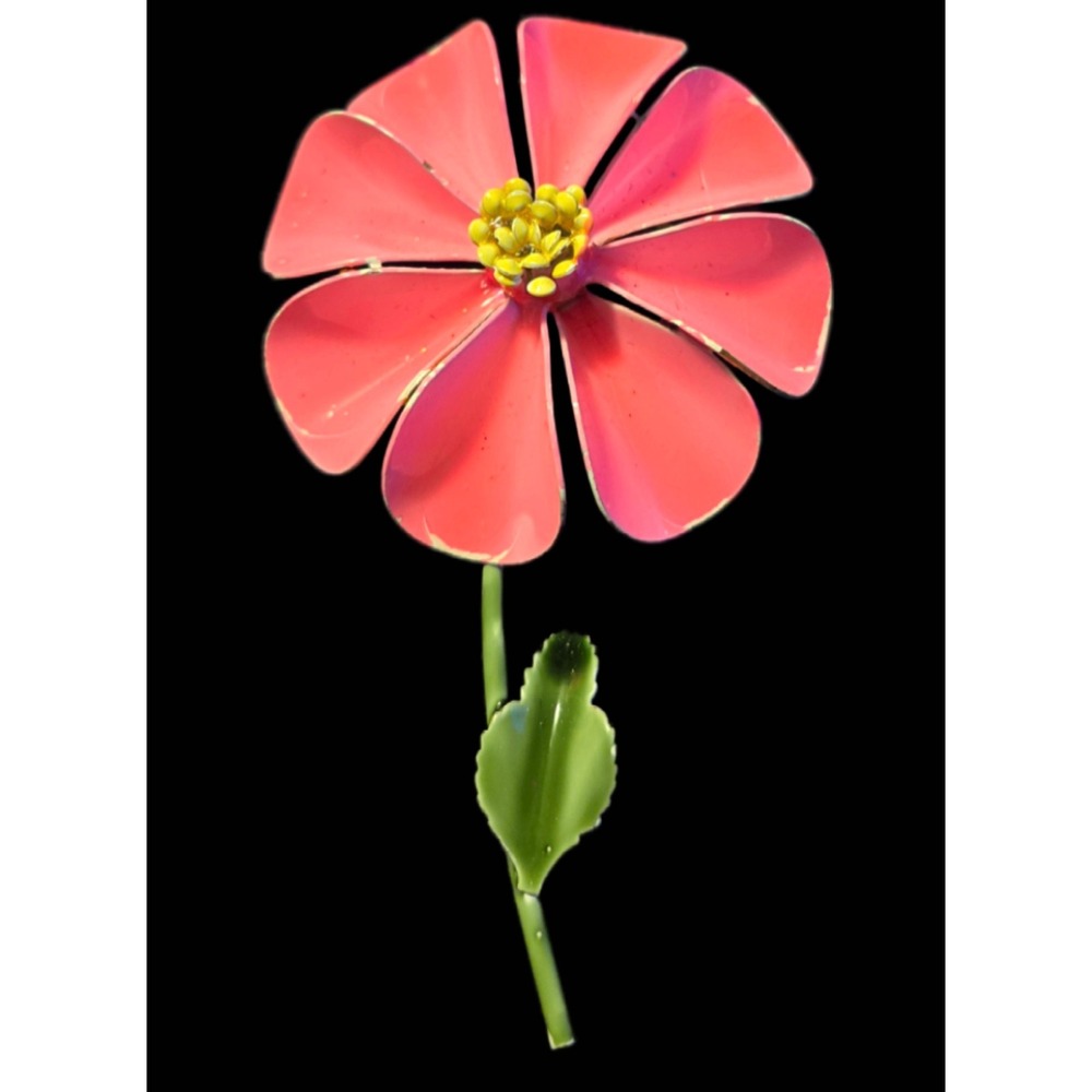 Vintage Pink Enamel Flower Brooch Gold Tone Stem Green Leaf Large 4 Inch Pin